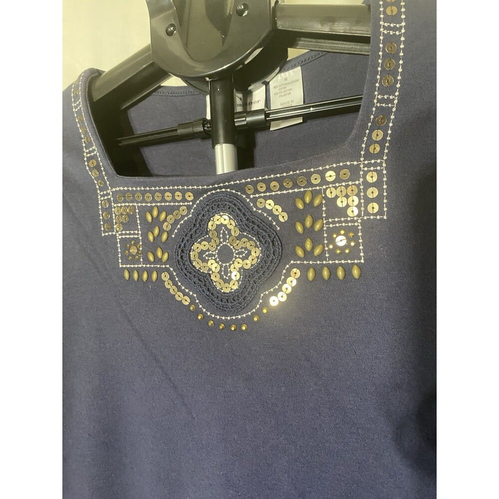 Alfred Dunner Navy Blue Knit Top Sequin Gold Embroidered 3/4 Sleeve Medium - Picture 5 of 6